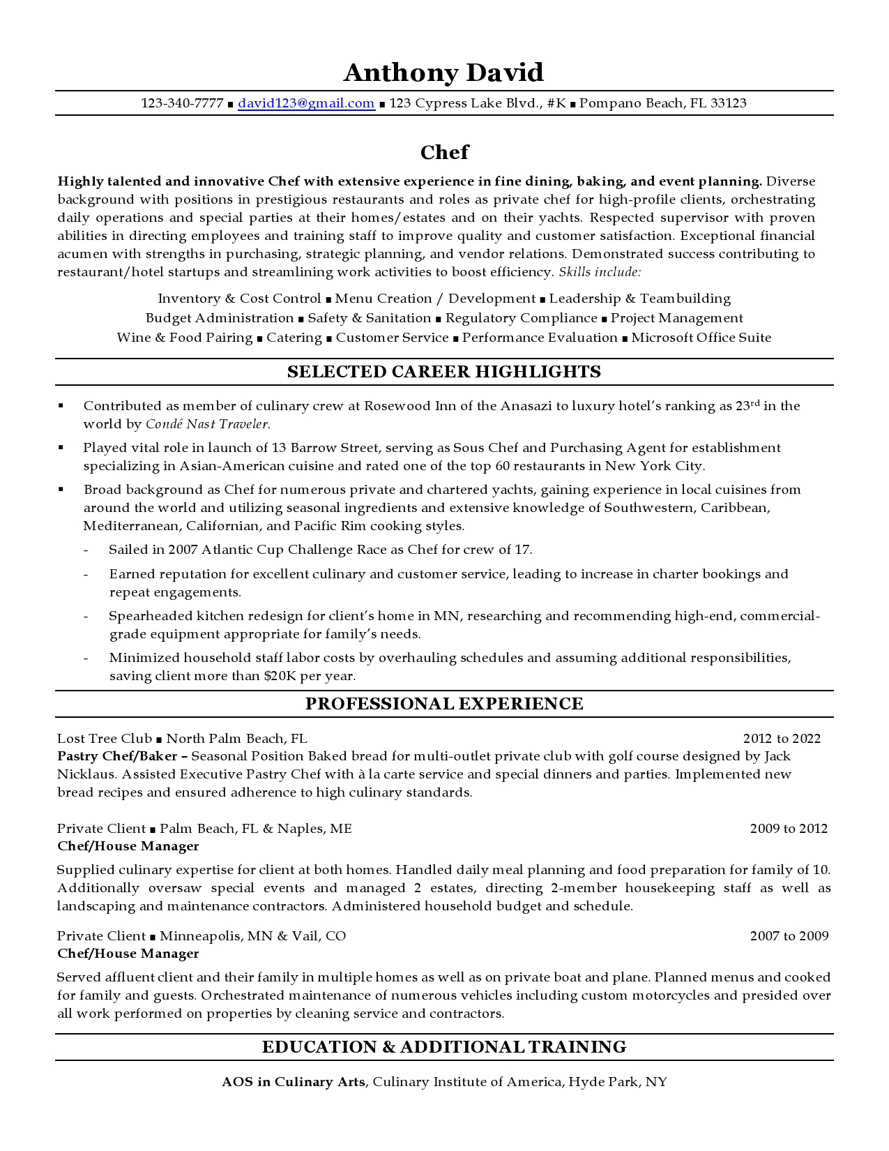 Chef Resume Sample